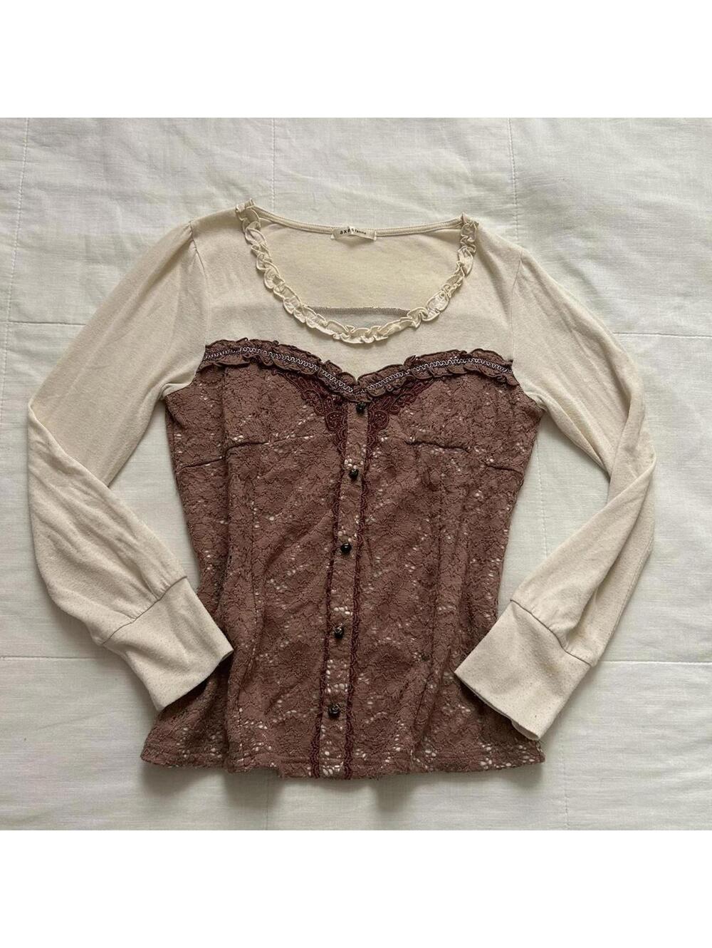 Axes Femme Mauve Pink Brown Lace Corset Layered Top Lolita Size M Japan